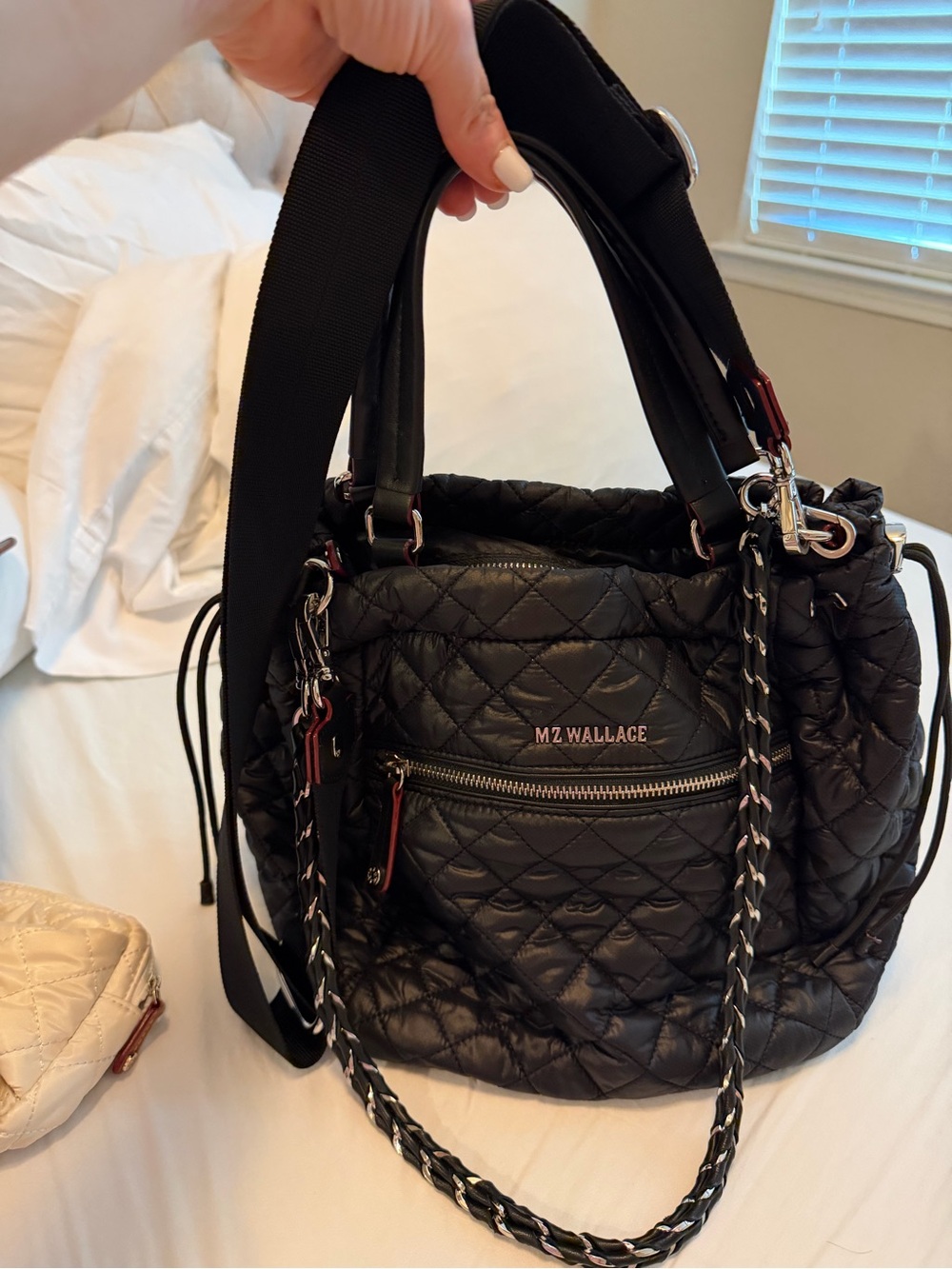 MZ Wallace Black Anna Quilted Shoulder Tote with Chain Strap